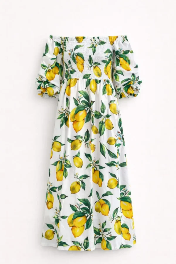 Cукня з відкритими плечима April принт лимони довжина міді